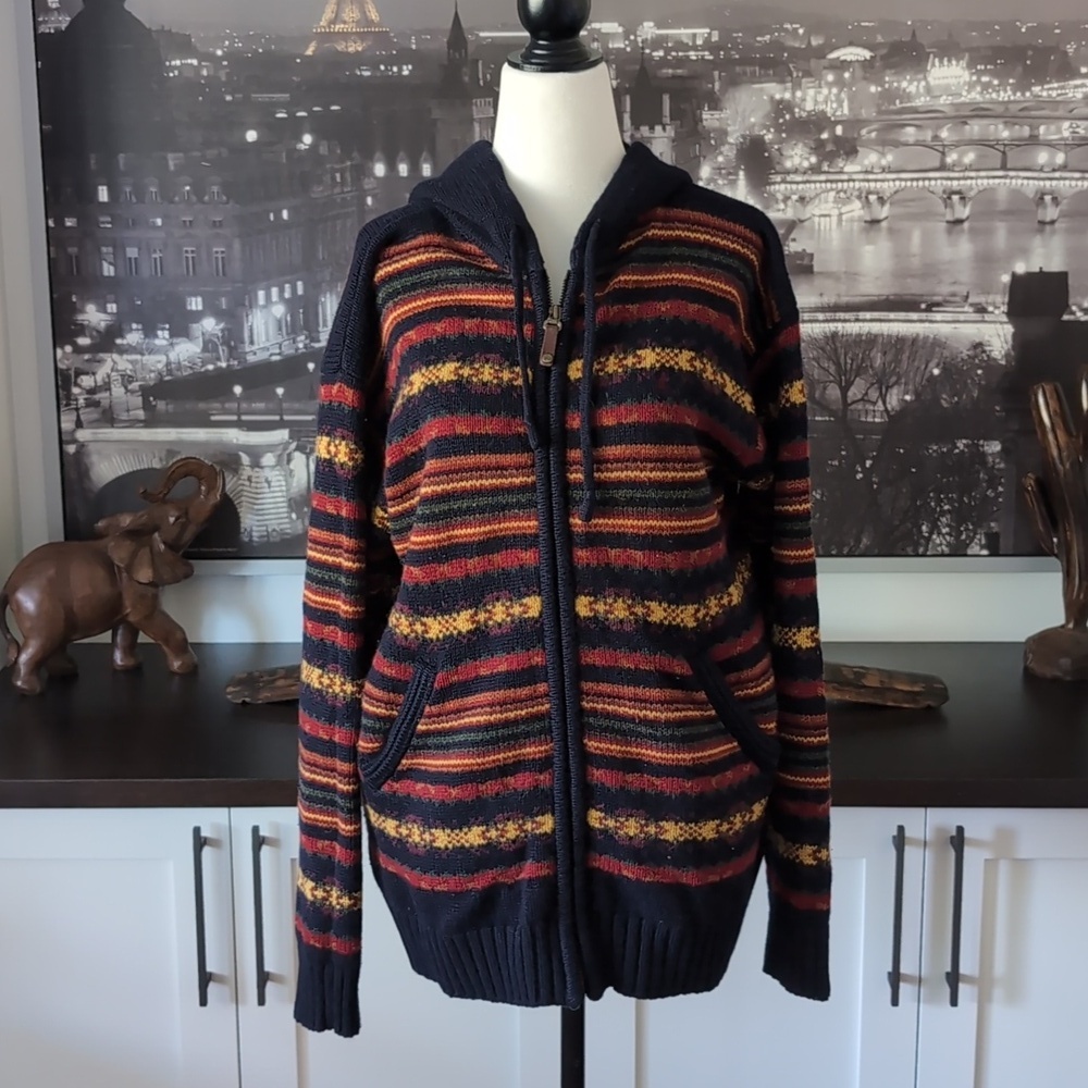 VGT 90s Bean Pole Woman's Multi-colored Striped Hooded Zippered Sweater.